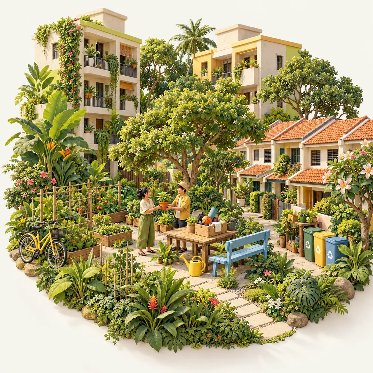 Illustration of neighbours sharing a green community space